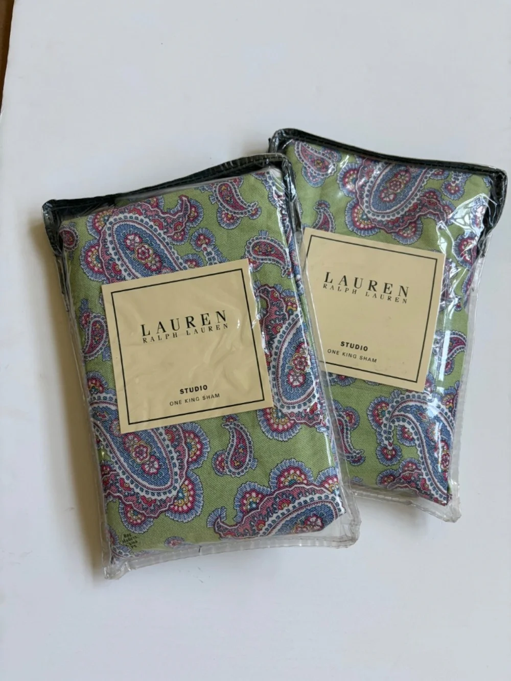 2 Ralph Lauren Greenvale Paisley 100% Cotton KING Pillow Shams in Green + Purple